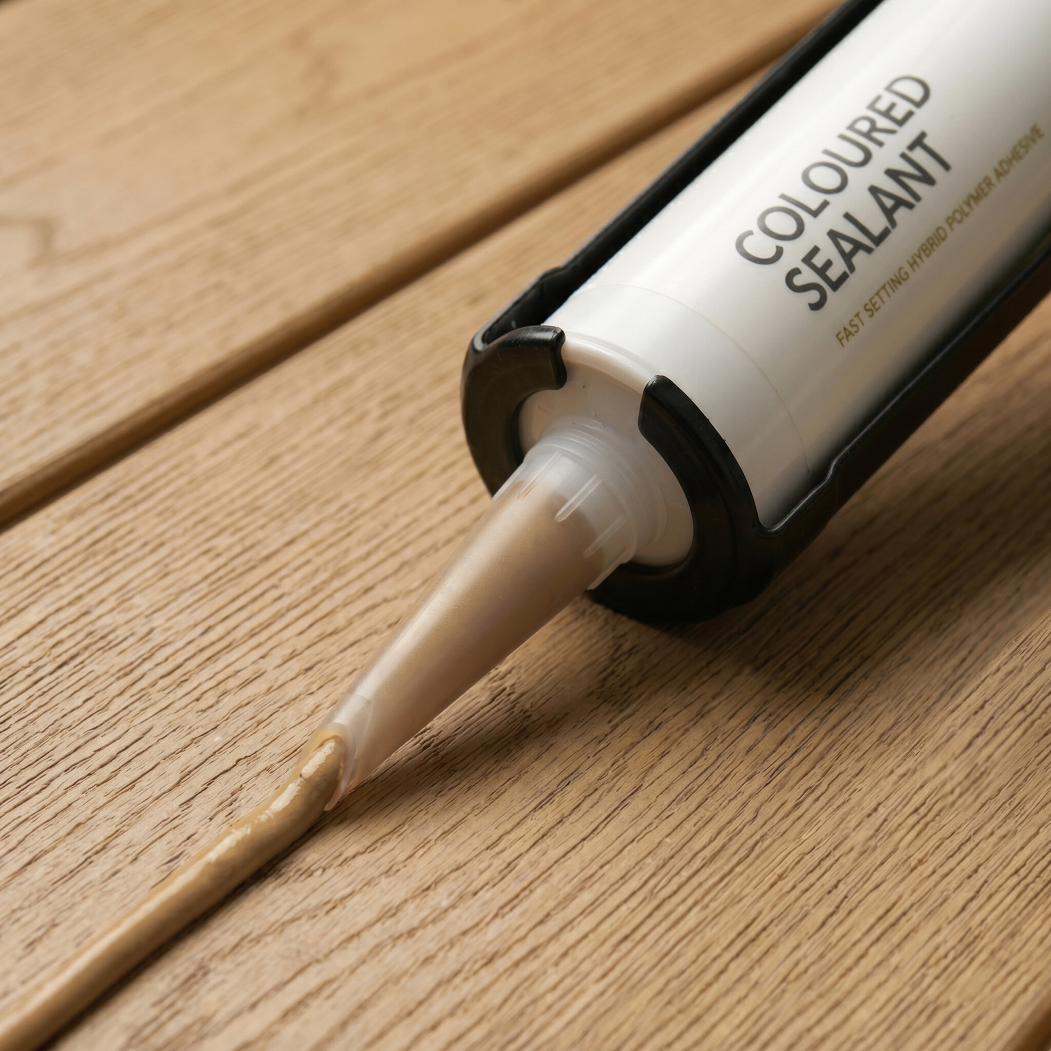 Millboard Gekleurde kit Golden Oak – detail van kit en spuitmond