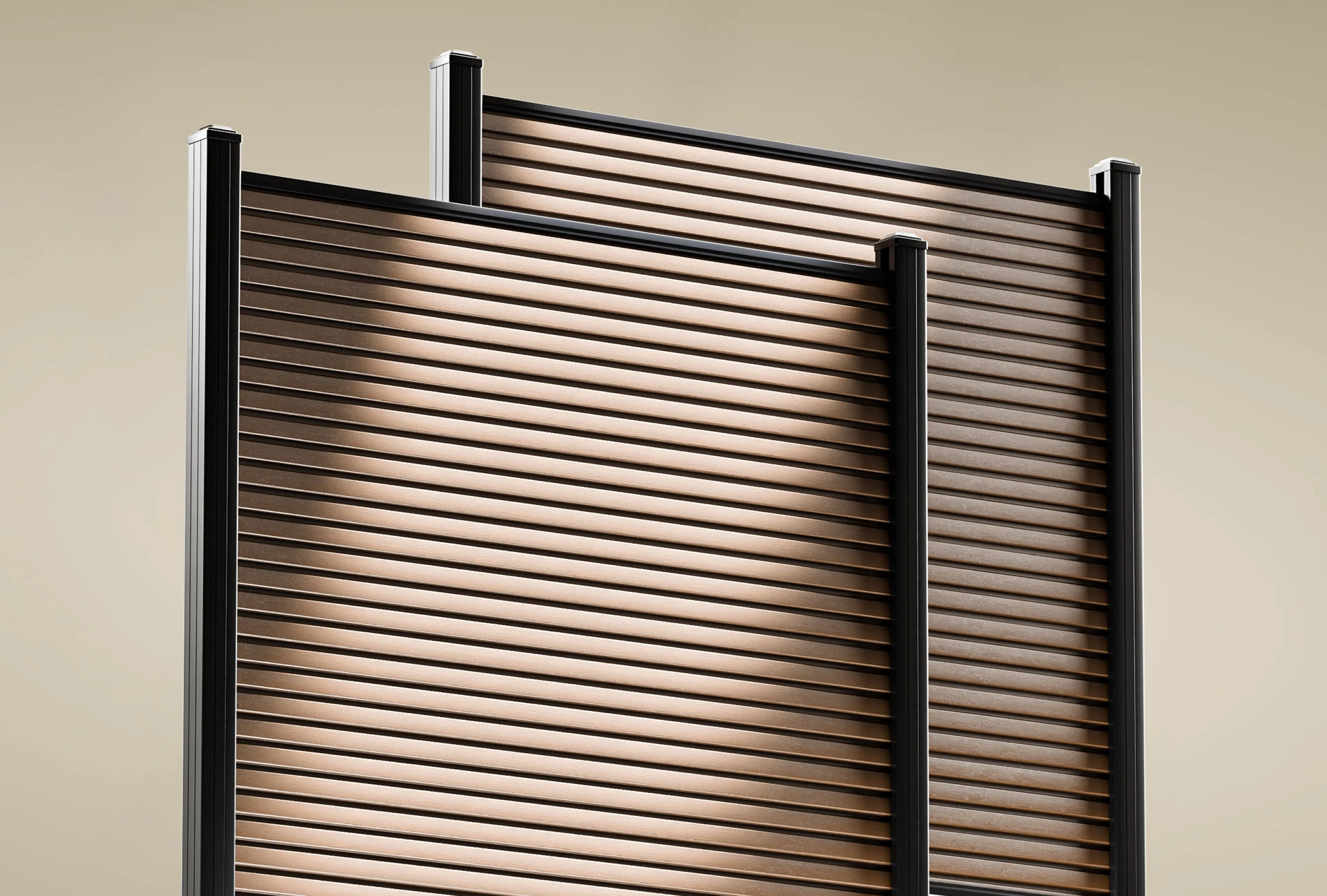 Highlander Rhombus schuttingen in Teak met zwarte aluminium palen