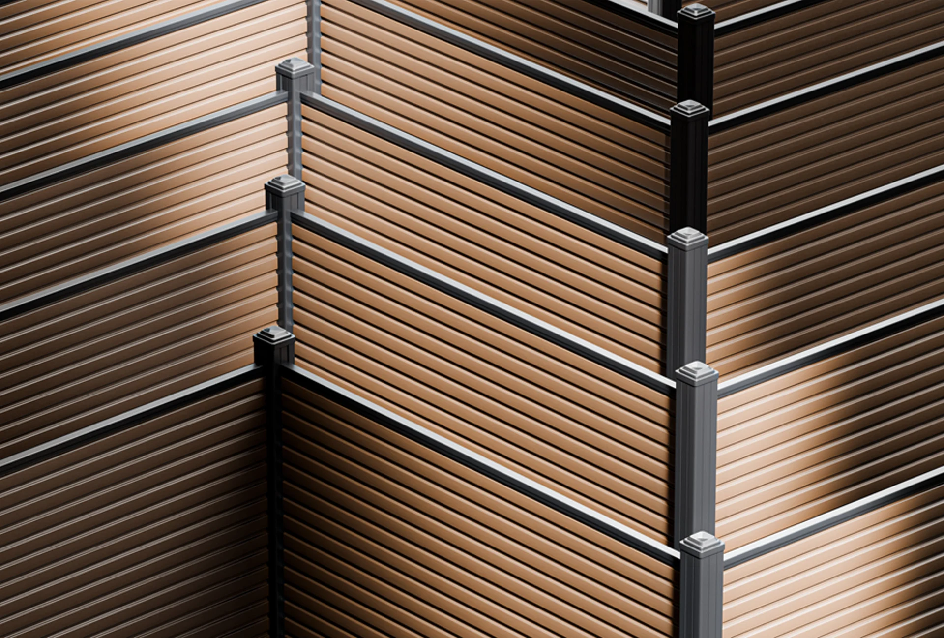 Lijnenspel van Highlander composiet panelen en aluminium palen