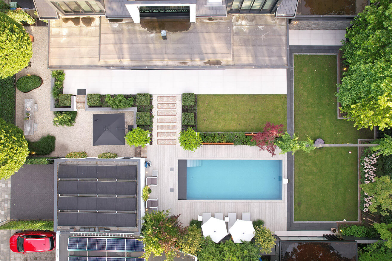 Bovenaanzicht van de tuin met zwembad en verschillende tuinzones