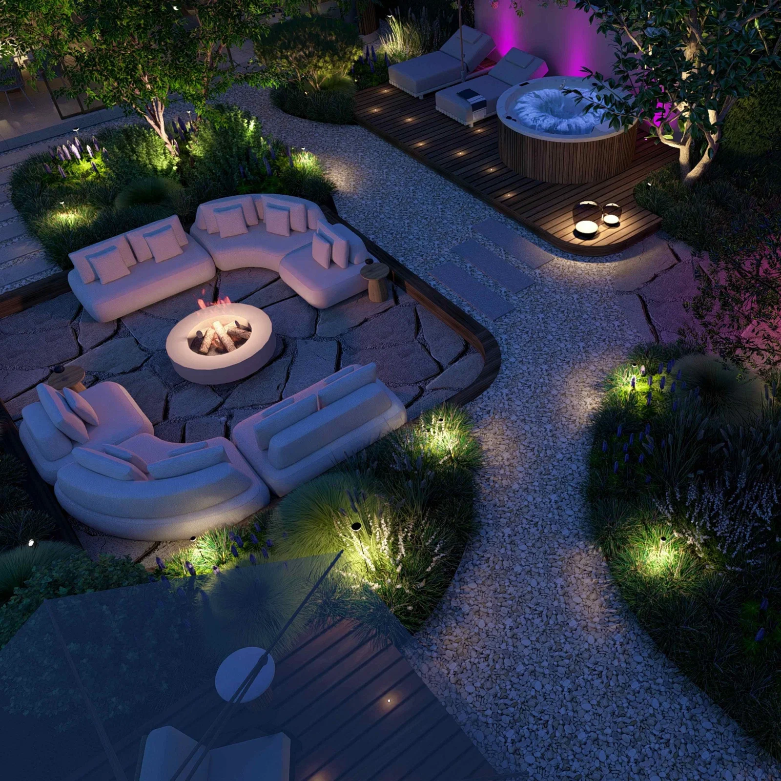 3D-ontwerp van een verlichte loungeplek van in-lite